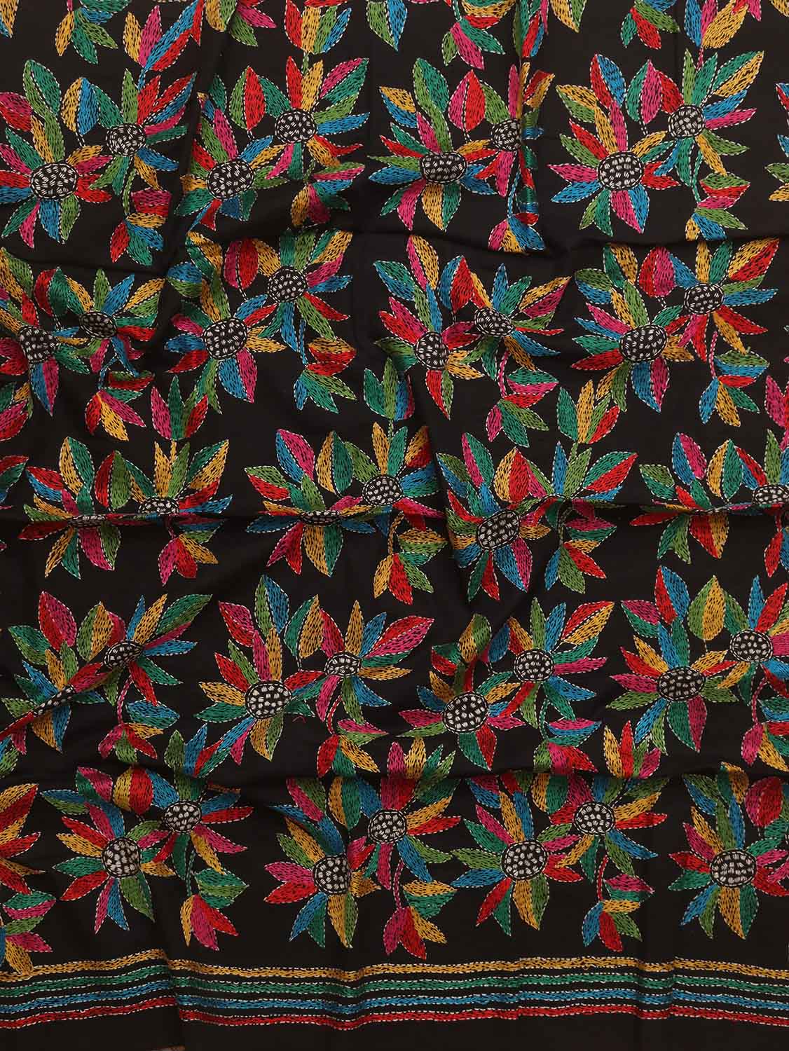 Black Embroidered Kantha Cotton Blouse Piece Fabric ( 1 Mtr ) - Luxurion World