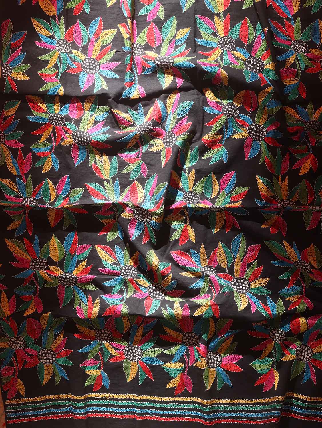 Black Embroidered Kantha Cotton Blouse Piece Fabric ( 1 Mtr ) - Luxurion World