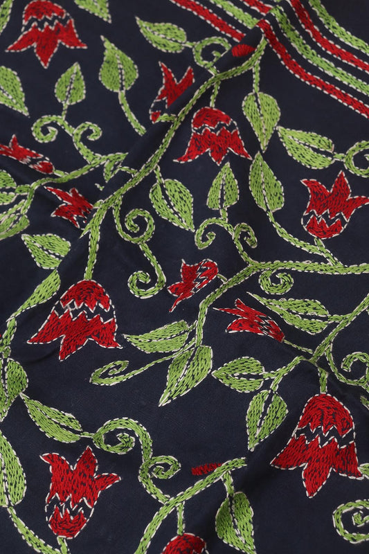 Blue Embroidered Kantha Cotton Blouse Piece Fabric ( 1 Mtr ) - Luxurion World