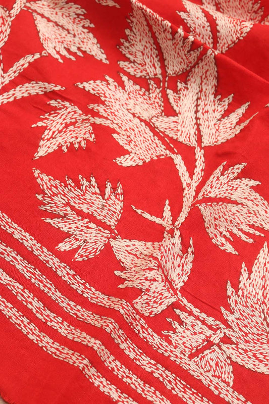 Red Embroidered Kantha Cotton Blouse Piece Fabric ( 1 Mtr ) - Luxurion World