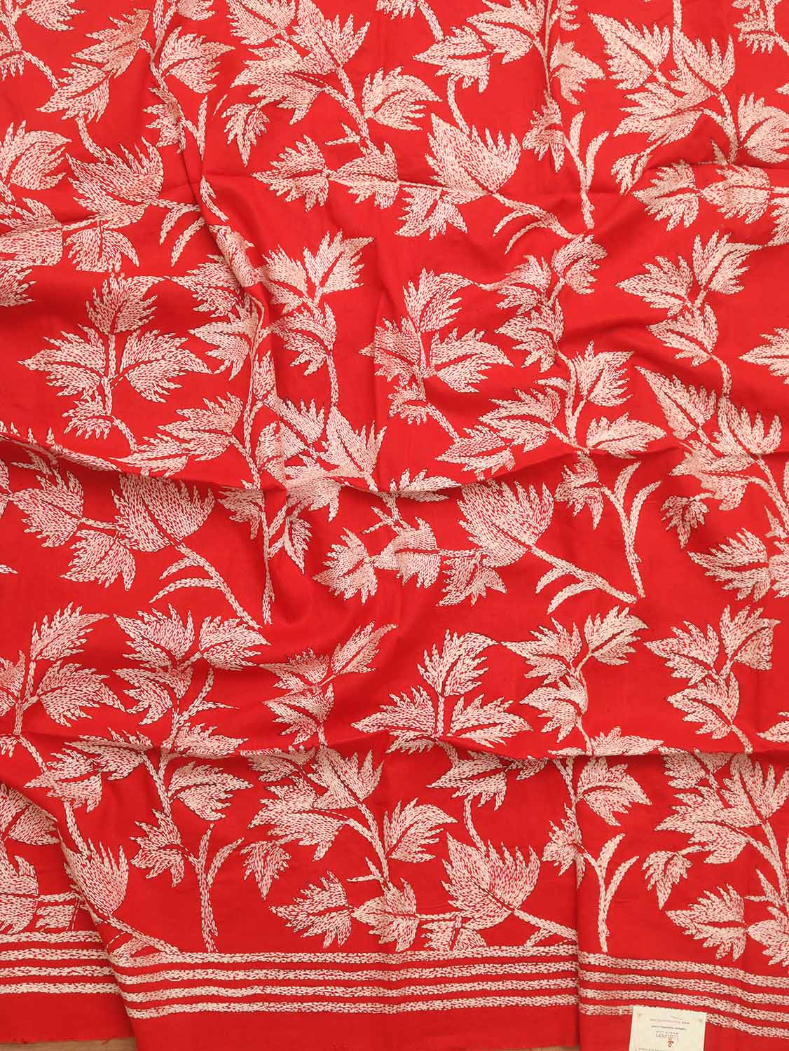 Red Embroidered Kantha Cotton Blouse Piece Fabric ( 1 Mtr ) - Luxurion World