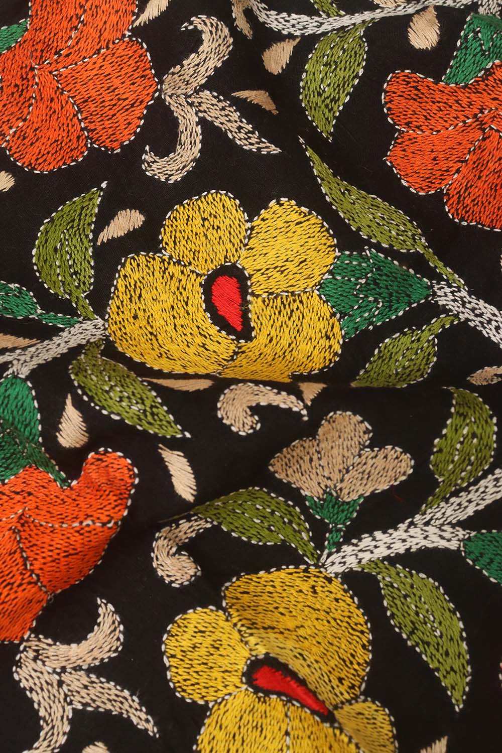 Black Embroidered Kantha Cotton Blouse Piece Fabric ( 1 Mtr ) - Luxurion World