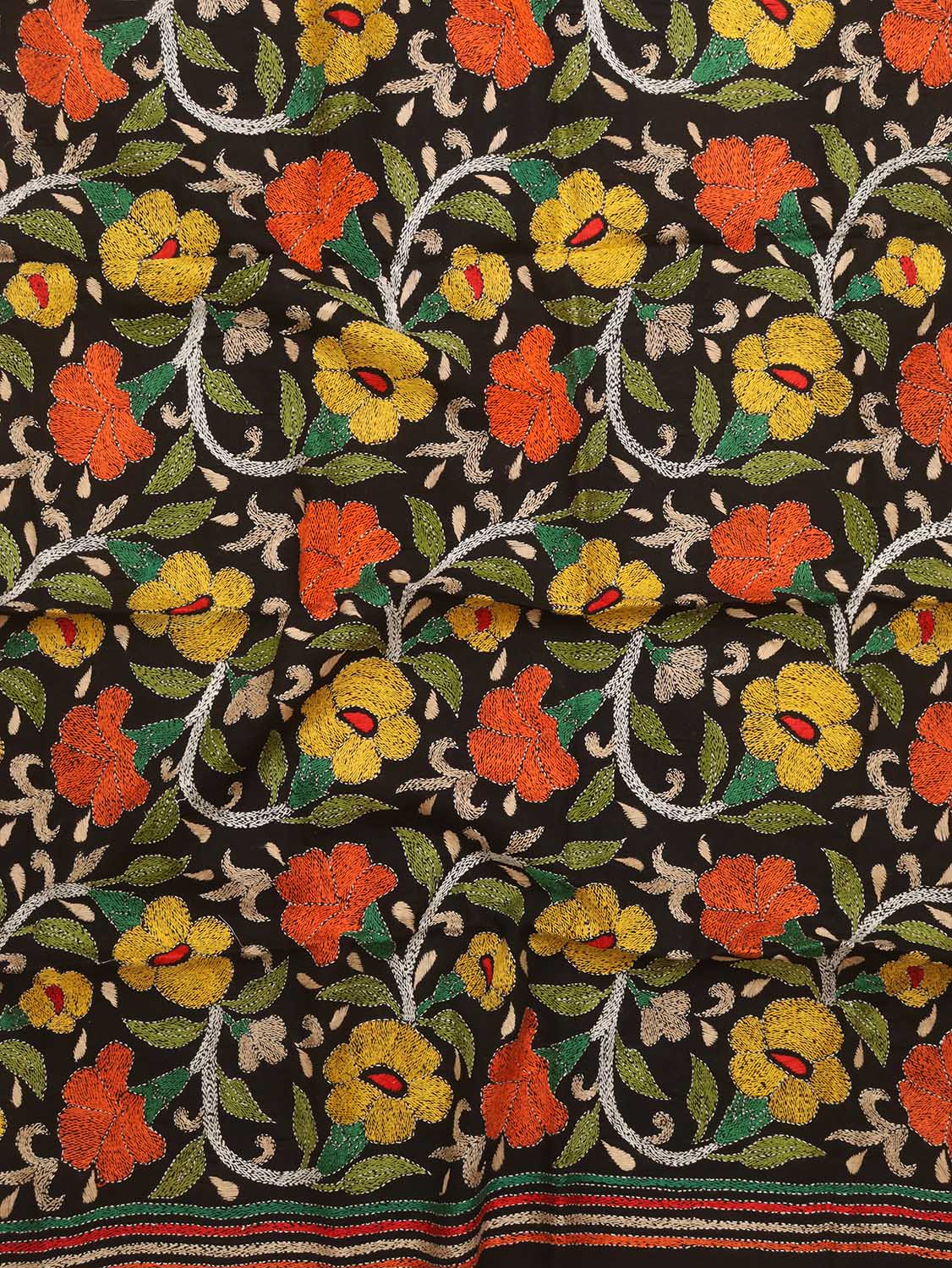 Black Embroidered Kantha Cotton Blouse Piece Fabric ( 1 Mtr ) - Luxurion World