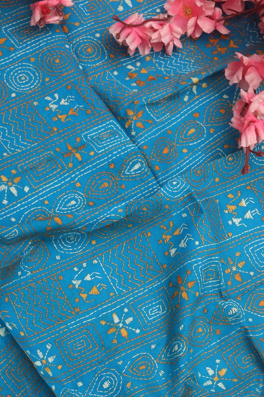 Blue Embroidered Kantha Cotton Blouse Piece Fabric ( 1 Mtr )