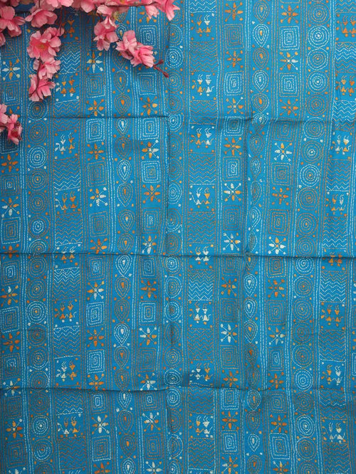 Blue Embroidered Kantha Cotton Blouse Piece Fabric ( 1 Mtr ) - Luxurion World