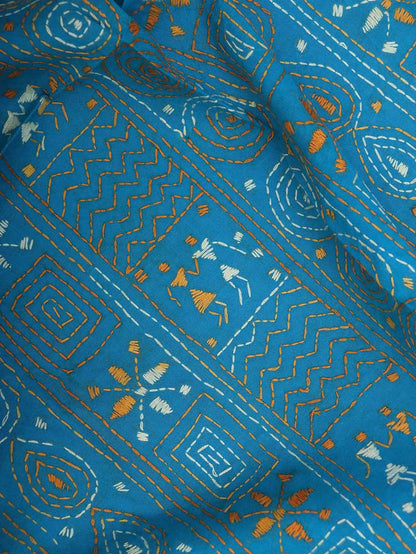 Blue Embroidered Kantha Cotton Blouse Piece Fabric ( 1 Mtr ) - Luxurion World