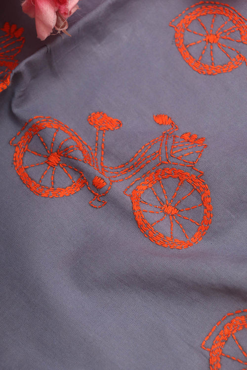 Grey Embroidered Kantha Cotton Blouse Piece Fabric ( 1 Mtr ) - Luxurion World