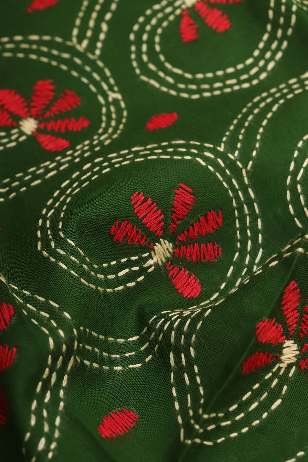 Green Embroidered Kantha Cotton Blouse Piece Fabric ( 1 Mtr ) - Luxurion World