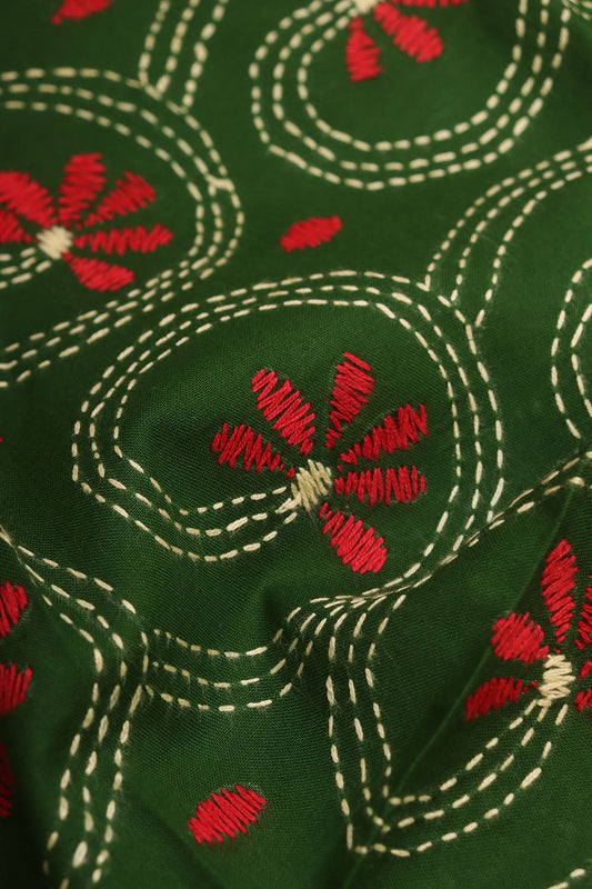 Green Embroidered Kantha Cotton Blouse Piece Fabric ( 1 Mtr ) - Luxurion World