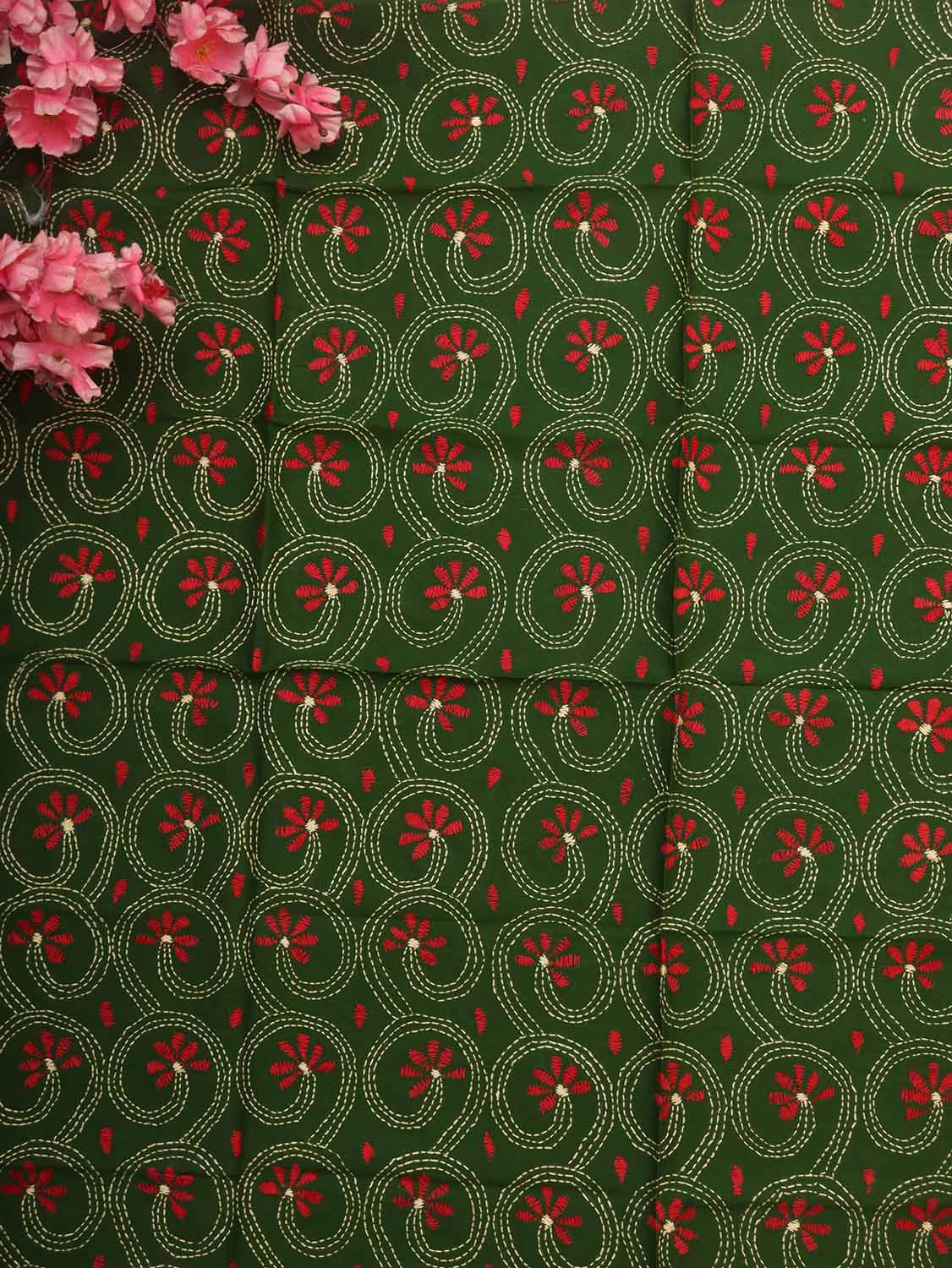 Green Embroidered Kantha Cotton Blouse Piece Fabric ( 1 Mtr ) - Luxurion World