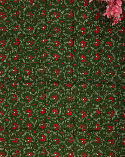 Green Embroidered Kantha Cotton Blouse Piece Fabric ( 1 Mtr ) - Luxurion World