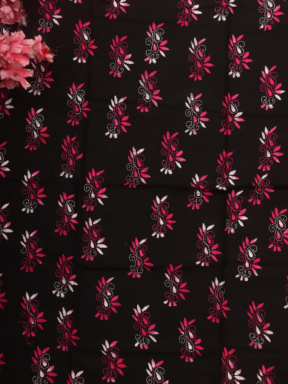 Black Embroidered Kantha Cotton Blouse Piece Fabric ( 1 Mtr ) - Luxurion World