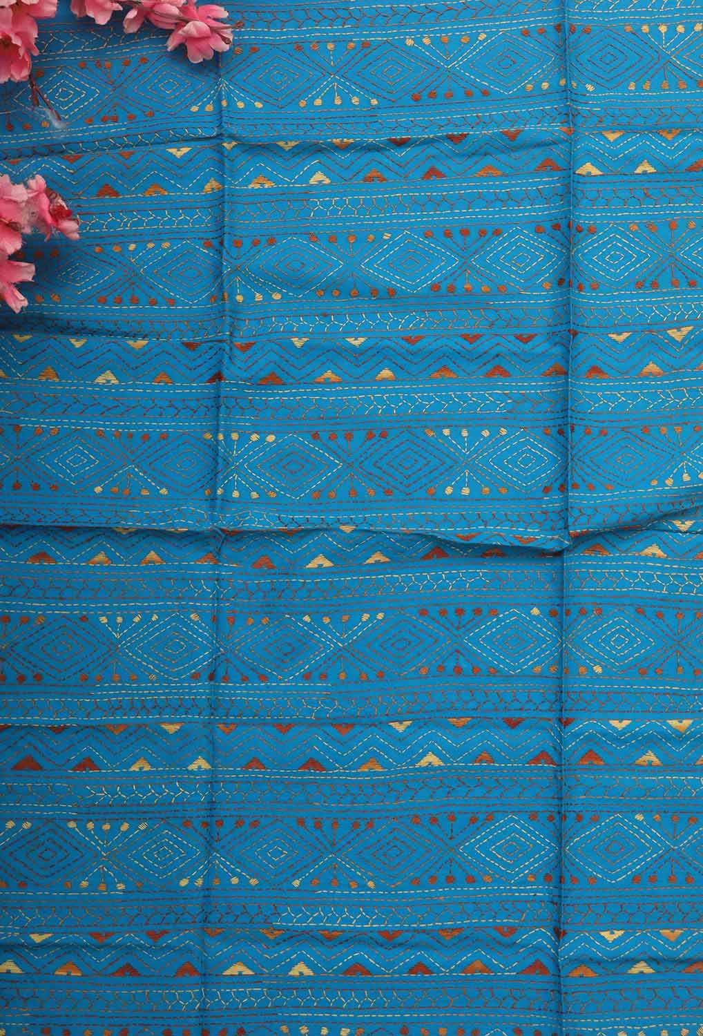 Blue Embroidered Kantha Cotton Blouse Piece Fabric ( 1 Mtr ) - Luxurion World