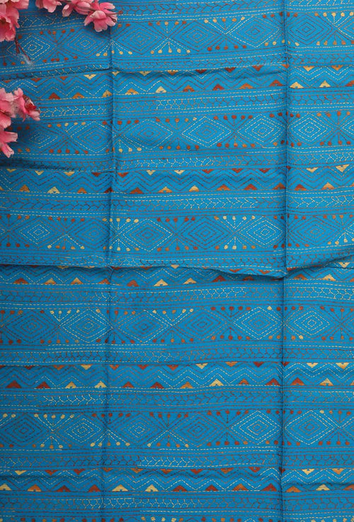 Blue Embroidered Kantha Cotton Blouse Piece Fabric ( 1 Mtr ) - Luxurion World