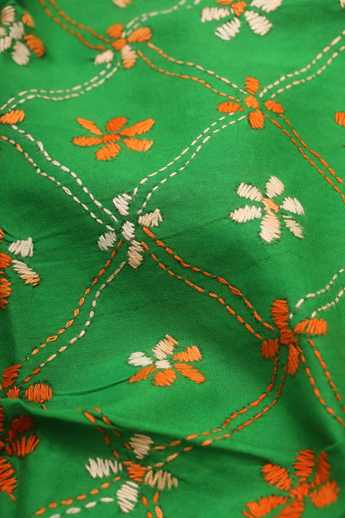 Green Embroidered Kantha Cotton Blouse Piece Fabric ( 1 Mtr ) - Luxurion World