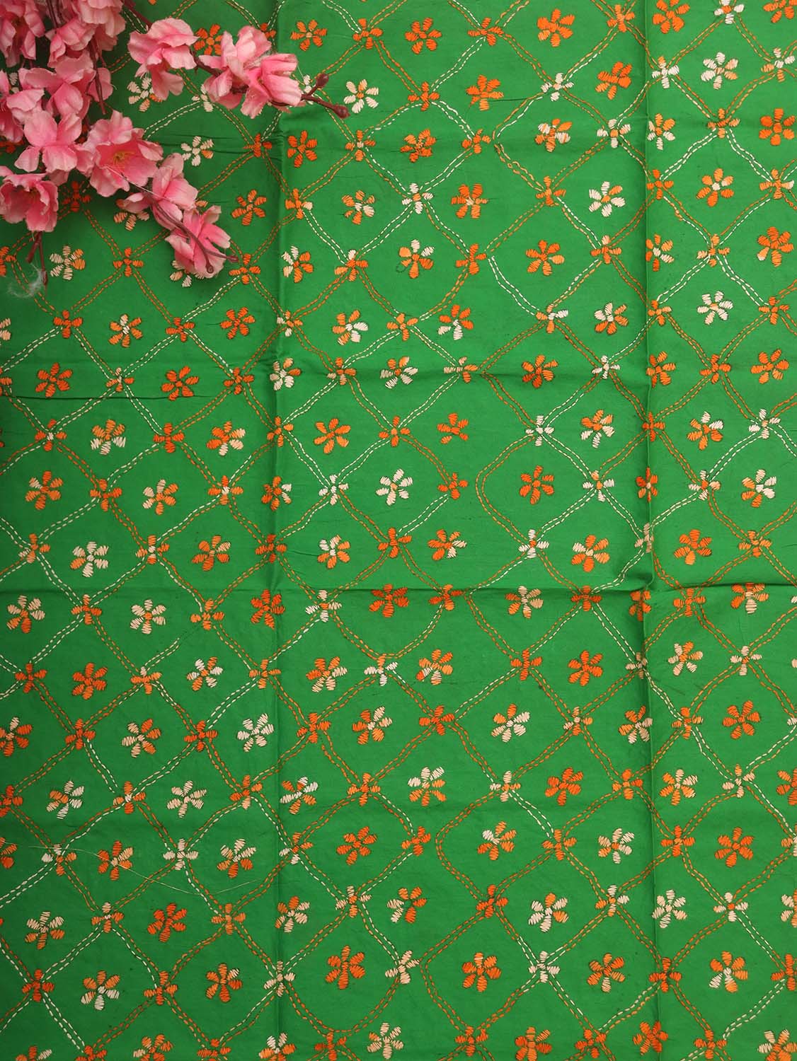 Green Embroidered Kantha Cotton Blouse Piece Fabric ( 1 Mtr ) - Luxurion World