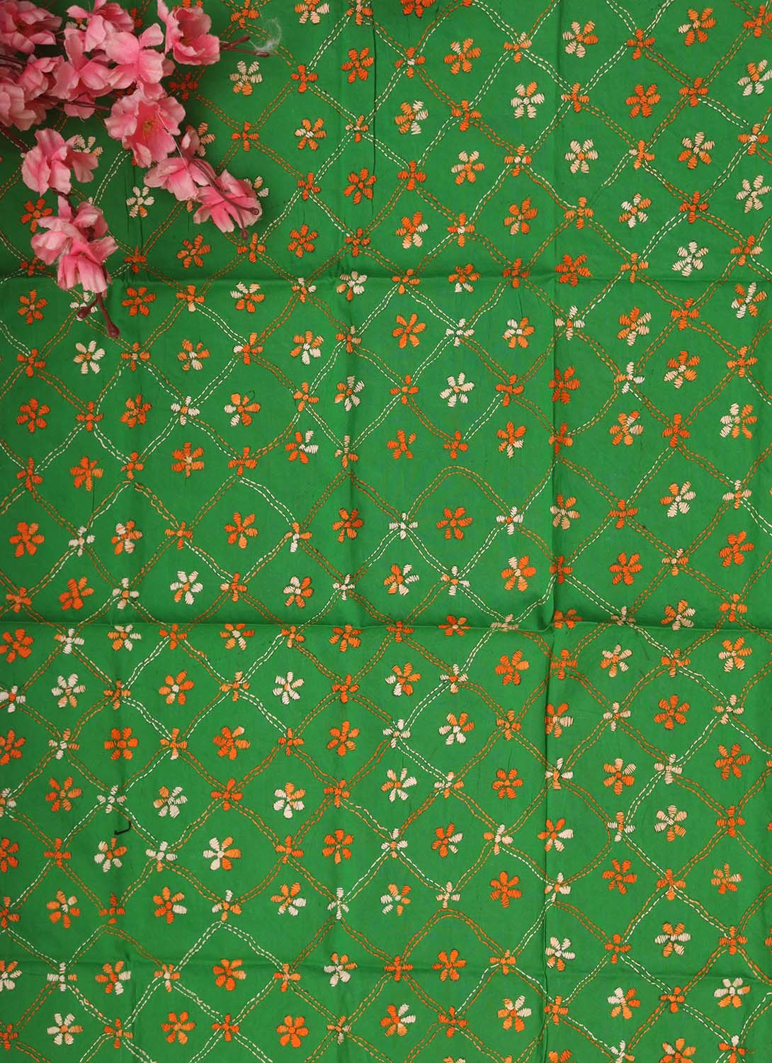 Green Embroidered Kantha Cotton Blouse Piece Fabric ( 1 Mtr ) - Luxurion World