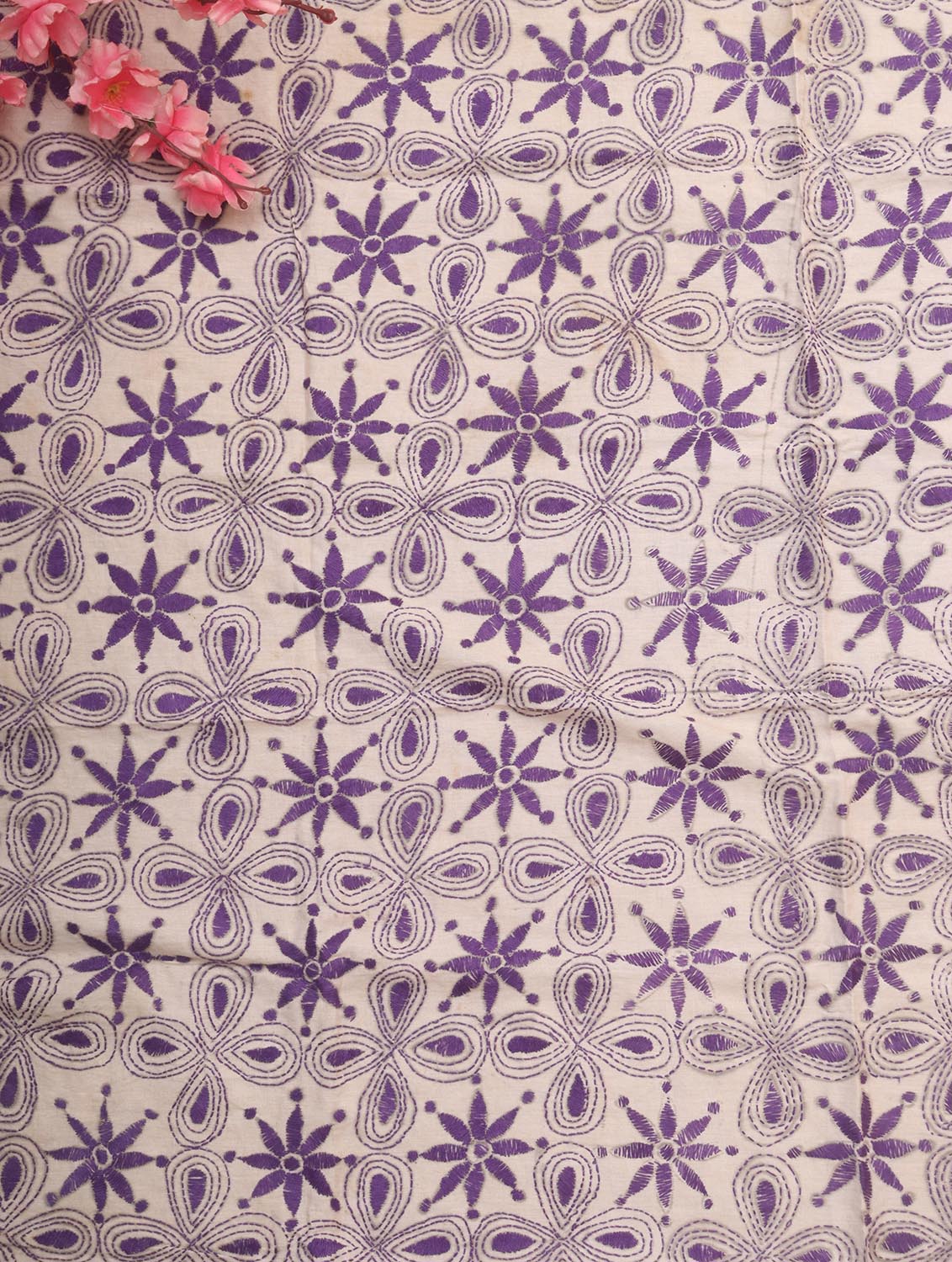 Off White Embroidered Kantha Cotton Blouse Piece Fabric ( 1 Mtr ) - Luxurion World