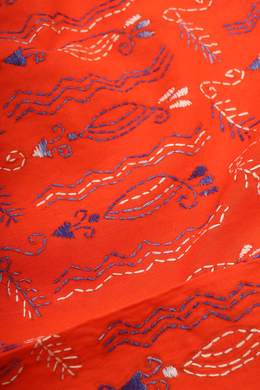 Orange Embroidered Kantha Cotton Blouse Piece Fabric ( 1 Mtr )