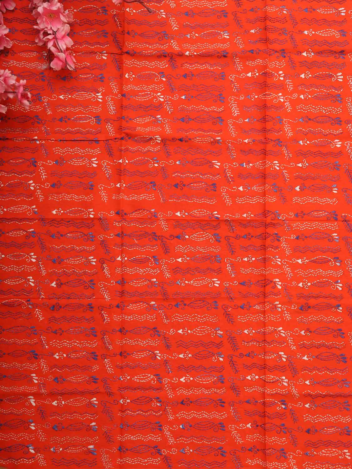 Orange Embroidered Kantha Cotton Blouse Piece Fabric ( 1 Mtr ) - Luxurion World