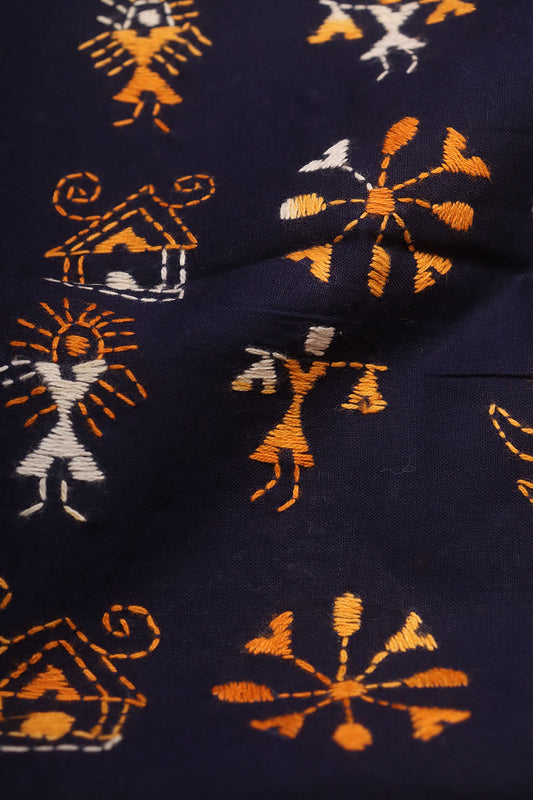 Blue Embroidered Kantha Cotton Blouse Piece Fabric ( 1 Mtr ) - Luxurion World