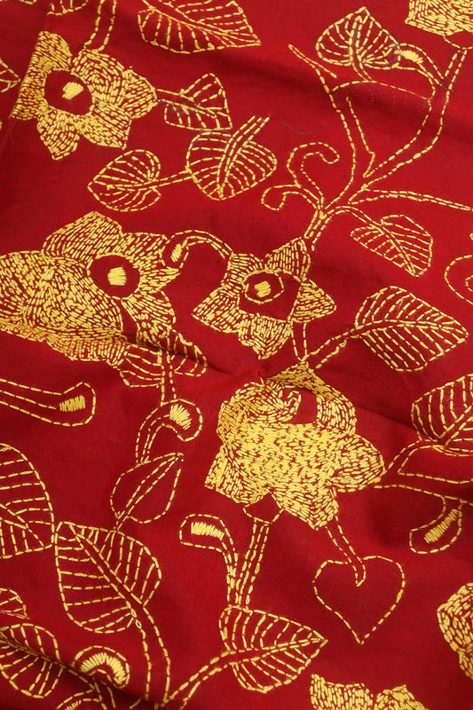 Red Embroidered Kantha Cotton Blouse Piece Fabric ( 1 Mtr ) - Luxurion World
