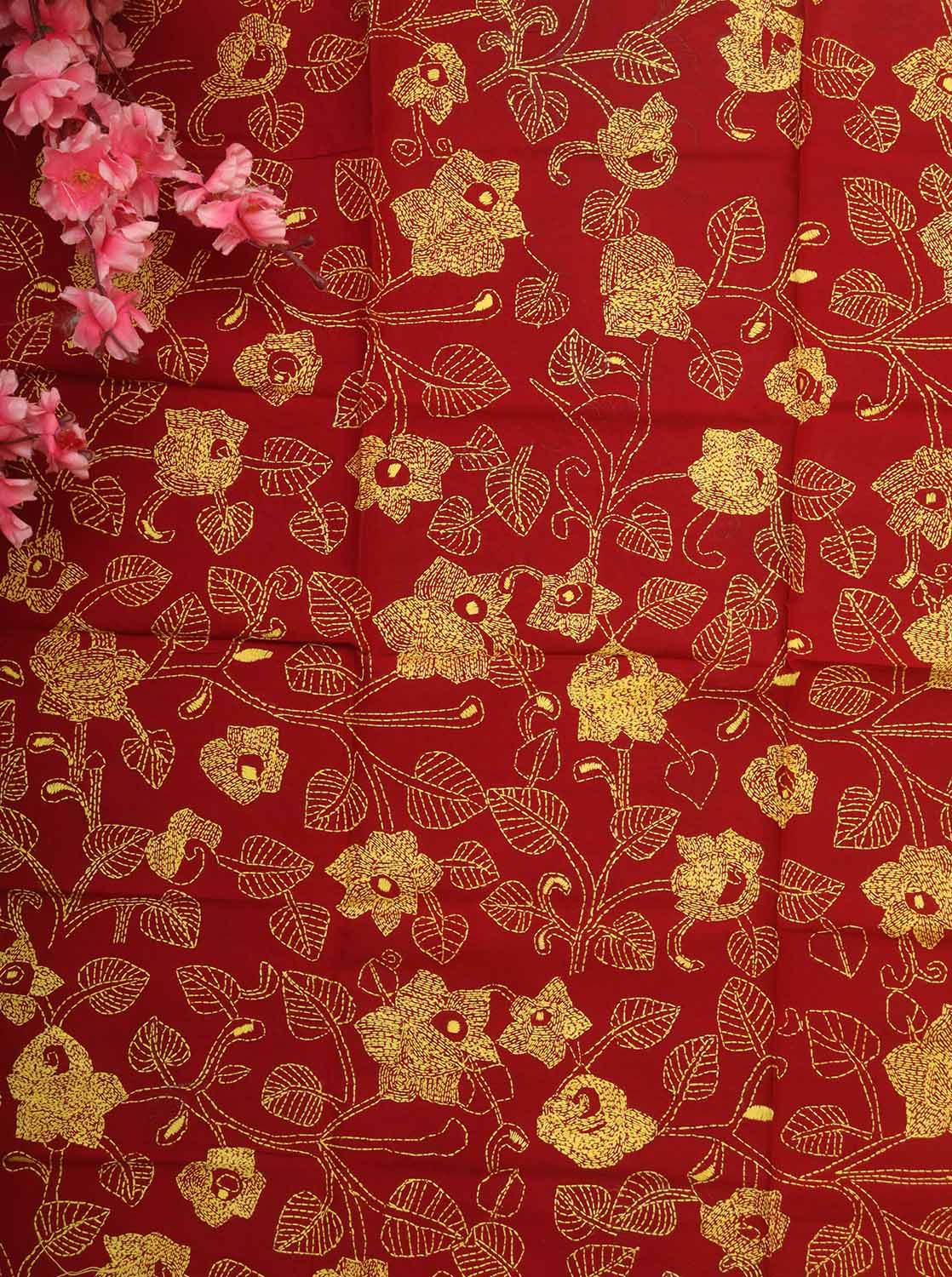 Red Embroidered Kantha Cotton Blouse Piece Fabric ( 1 Mtr ) - Luxurion World