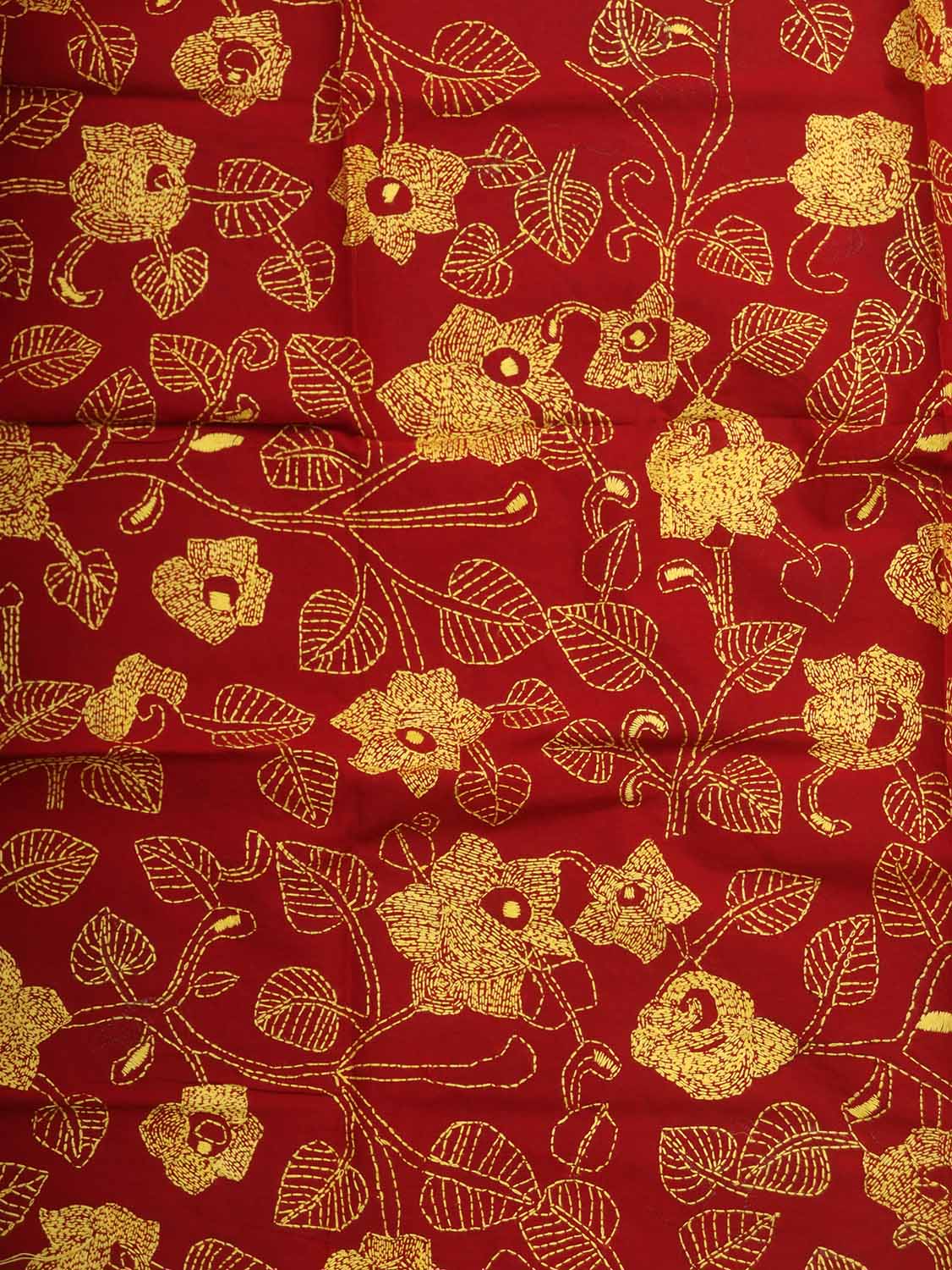 Red Embroidered Kantha Cotton Blouse Piece Fabric ( 1 Mtr ) - Luxurion World