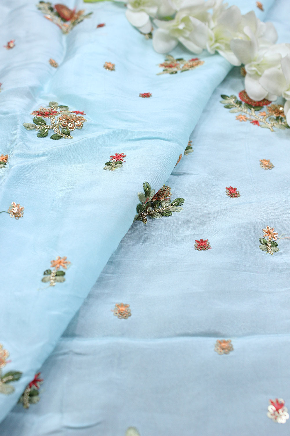 Blue Trendy Embroidered Uppada Silk Fabric (1 Mtr)
