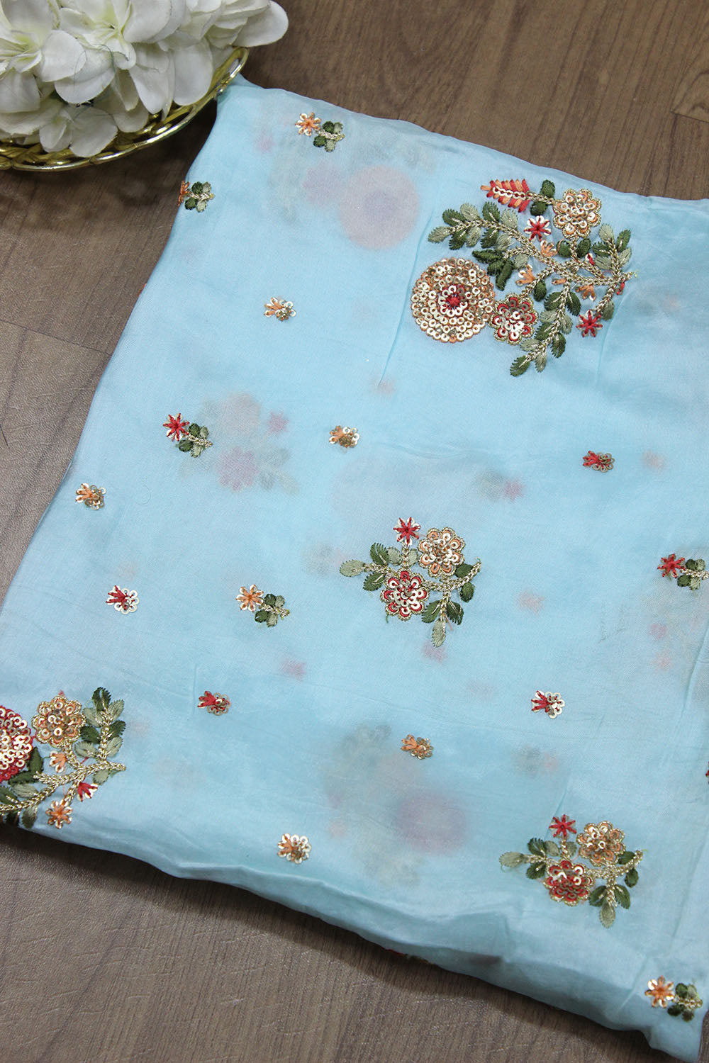 Blue Trendy Embroidered Uppada Silk Fabric (1 Mtr) - Luxurion World
