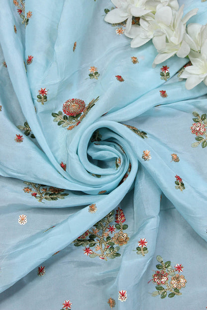 Blue Trendy Embroidered Uppada Silk Fabric (1 Mtr)