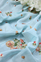 Blue Trendy Embroidered Uppada Silk Fabric (1 Mtr) - Luxurion World
