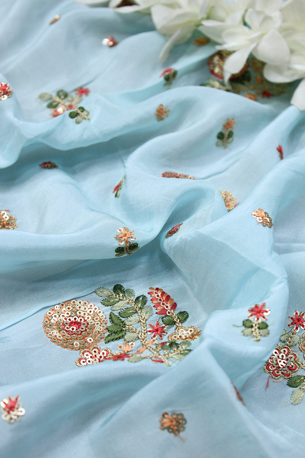 Blue Trendy Embroidered Uppada Silk Fabric (1 Mtr) - Luxurion World