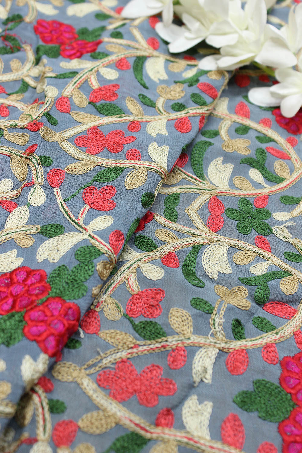 Grey Trendy Embroidered Georgette Fabric (1 Mtr ) - Luxurion World
