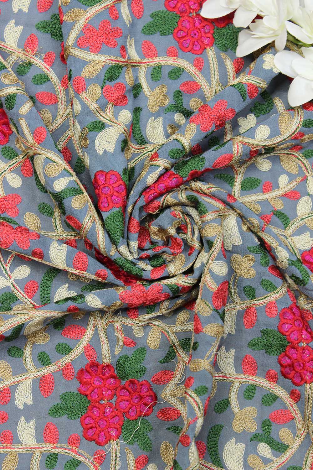 Grey Trendy Embroidered Georgette Fabric (1 Mtr ) - Luxurion World