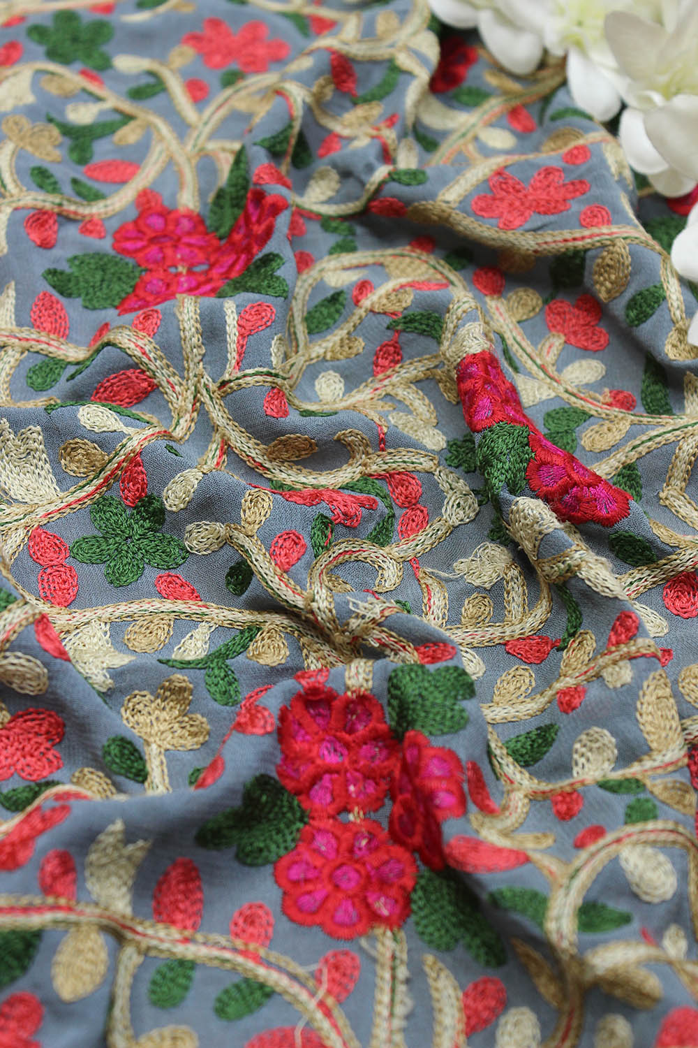 Grey Trendy Embroidered Georgette Fabric (1 Mtr ) - Luxurion World