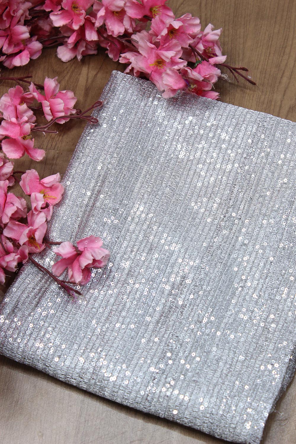 Silver Trendy Georgette Sequins Work Fabric ( 1 Mtr ) - Luxurion World