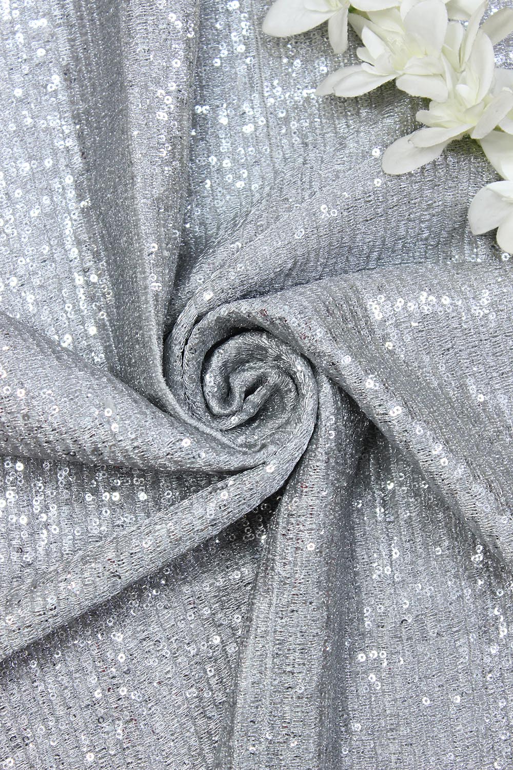 Silver Trendy Georgette Sequins Work Fabric ( 1 Mtr ) - Luxurion World