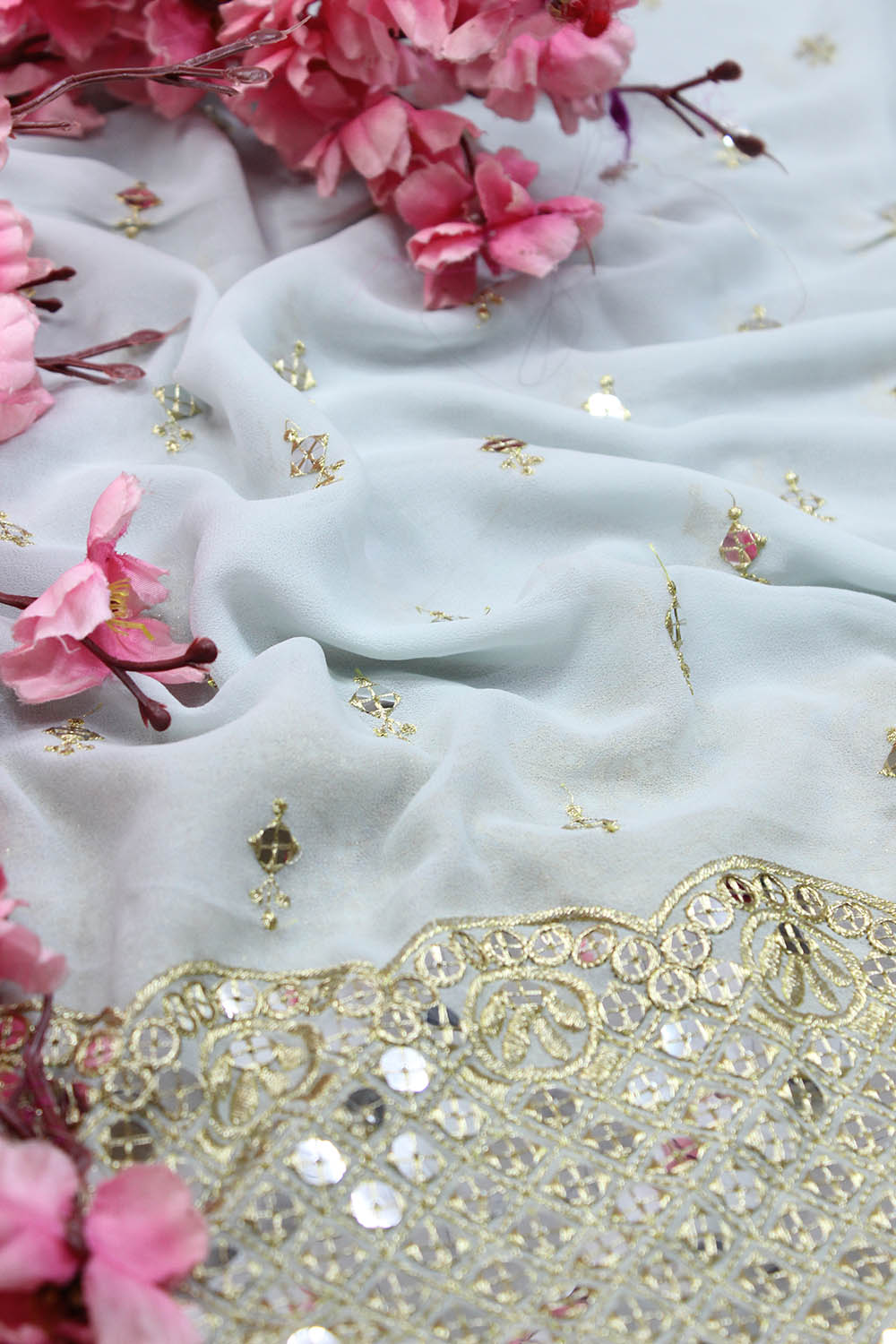 Blue Trendy Georgette Sequins Work Fabric ( 1 Mtr ) - Luxurion World