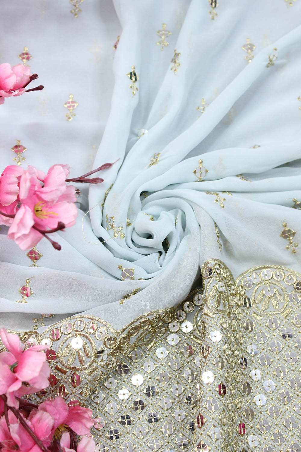 Blue Trendy Georgette Sequins Work Fabric ( 1 Mtr ) - Luxurion World