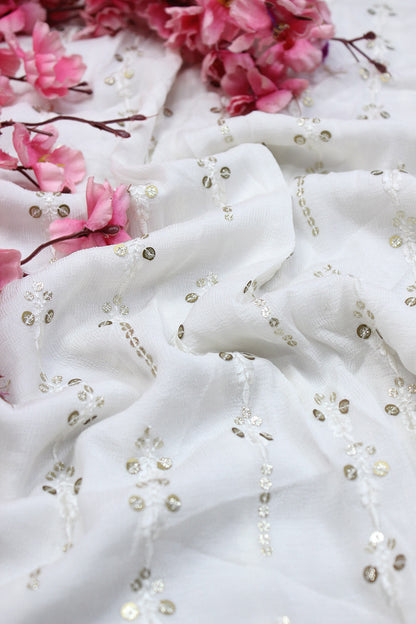 Off White Trendy Georgette Sequins Work Fabric  ( 1 Mtr ) - Luxurion World