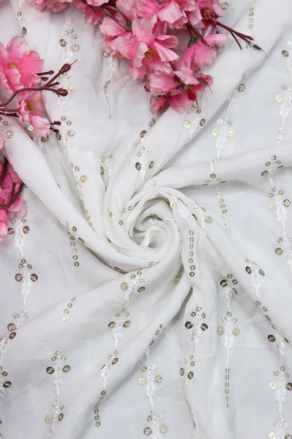 Off White Trendy Georgette Sequins Work Fabric  ( 1 Mtr ) - Luxurion World