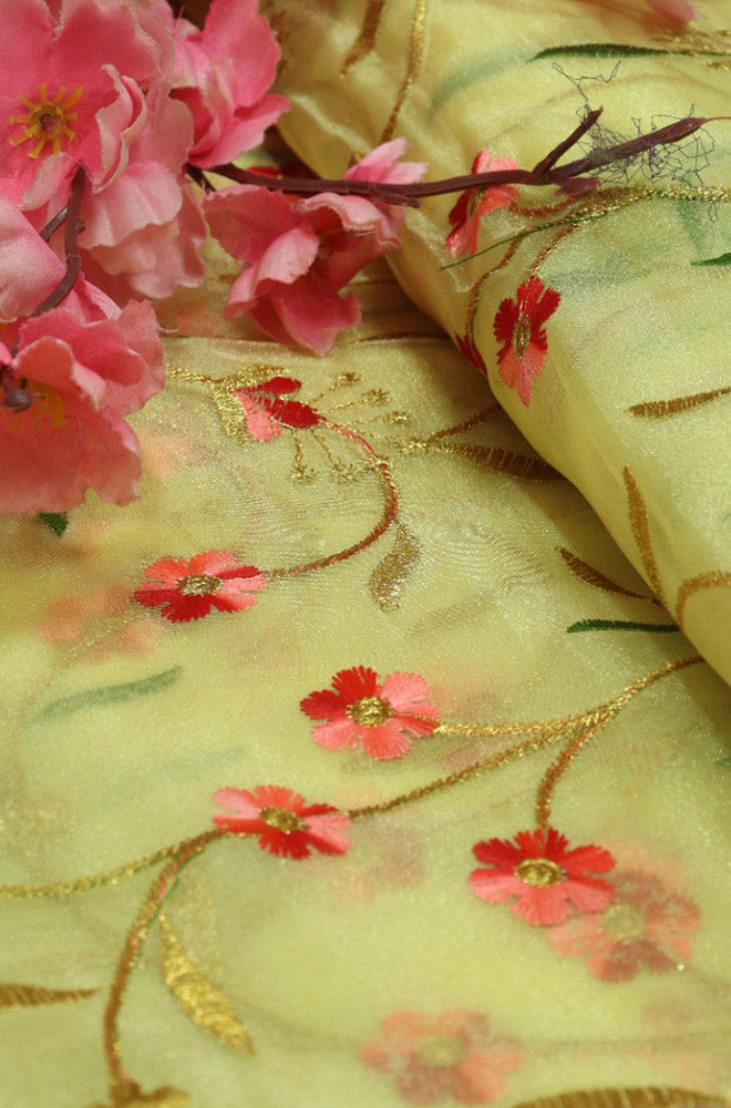 Yellow Embroidered Trendy Organza Silk Floral Design Fabric ( 1 Mtr )