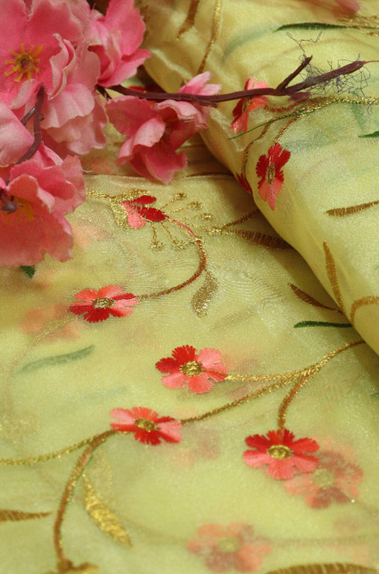 Yellow Embroidered Trendy Organza Silk Floral Design Fabric ( 1 Mtr ) - Luxurion World