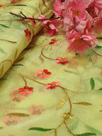 Yellow Embroidered Trendy Organza Silk Floral Design Fabric ( 1 Mtr ) - Luxurion World