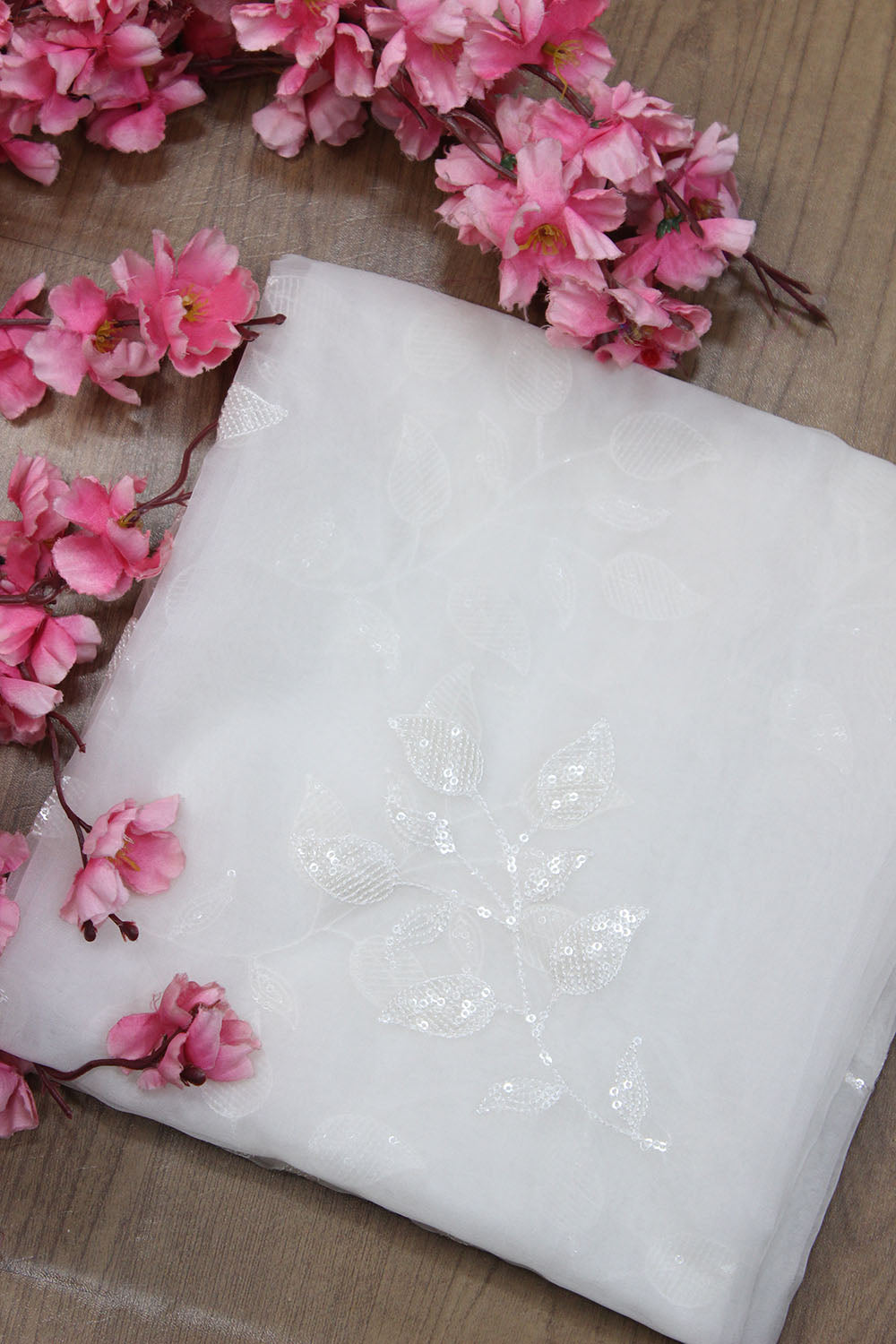 White Trendy Sequins Work Organza Fabric ( 1Mtr ) - Luxurion World