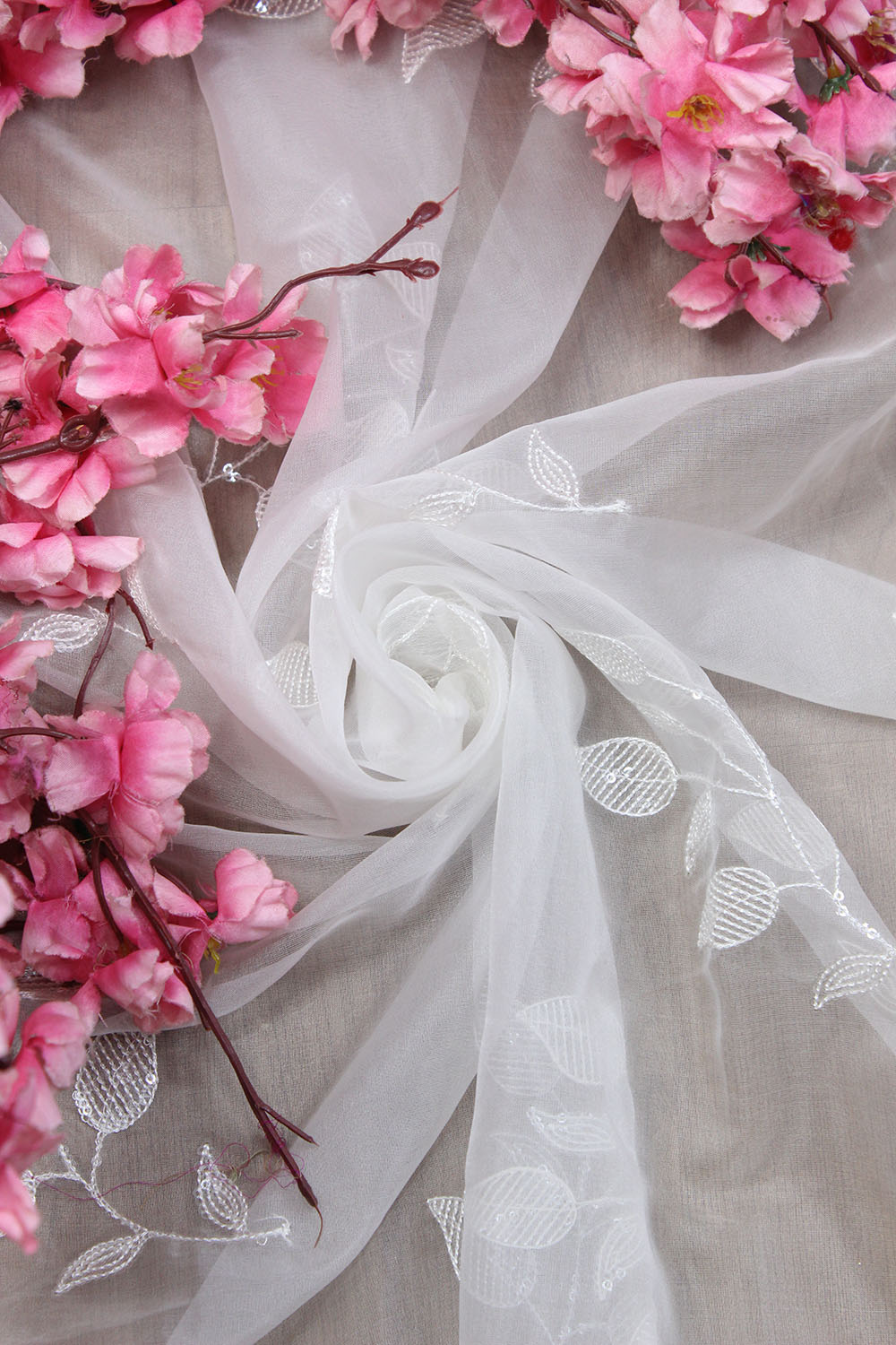 White Trendy Sequins Work Organza Fabric ( 1Mtr ) - Luxurion World