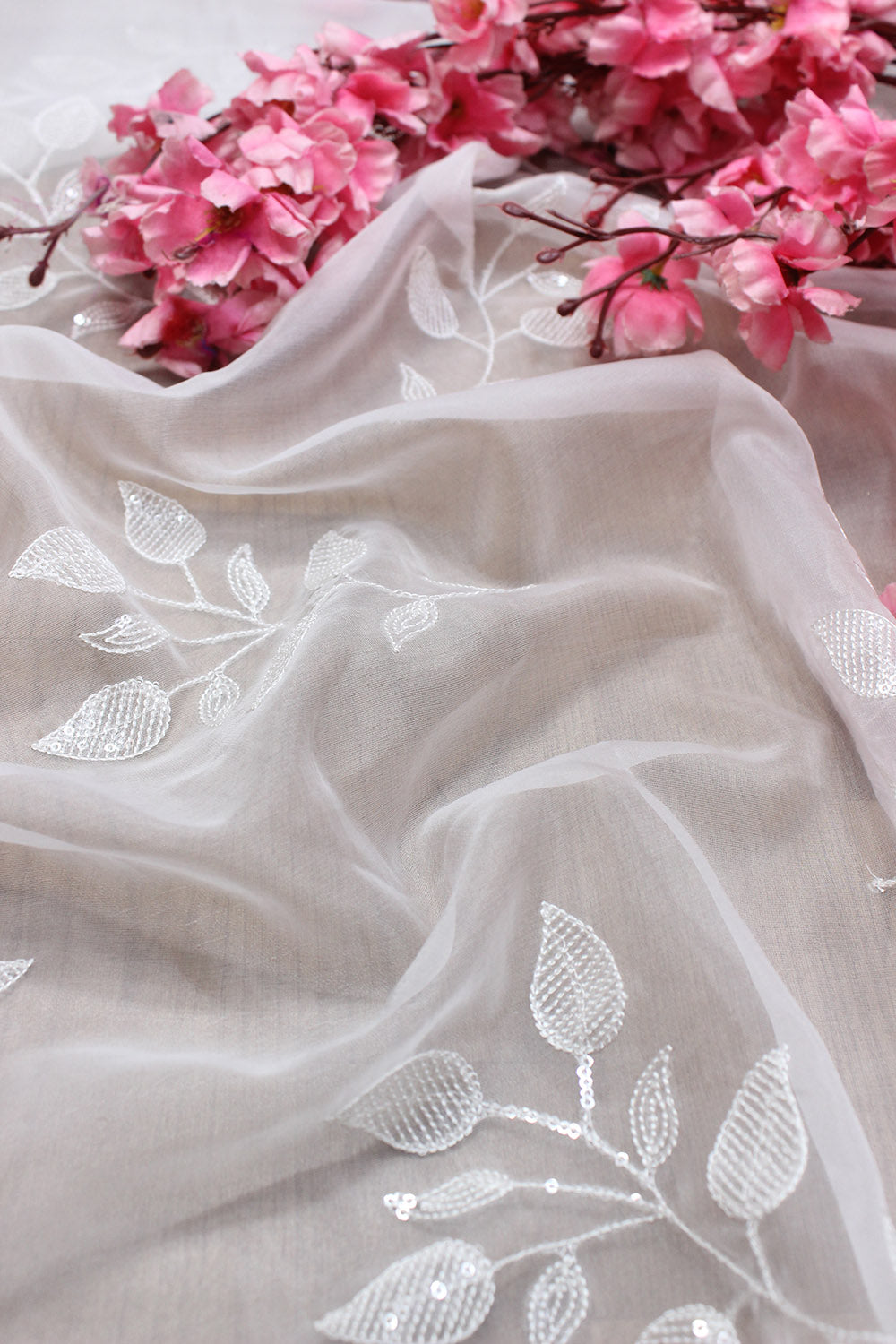 White Trendy Sequins Work Organza Fabric ( 1Mtr ) - Luxurion World