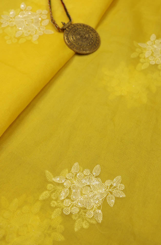 Yellow Trendy Sequins Work Organza Fabric ( 1 Mtr ) - Luxurionworld