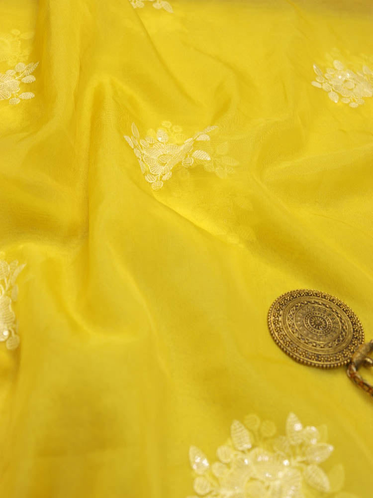 Yellow Trendy Sequins Work Organza Fabric ( 1 Mtr ) - Luxurionworld